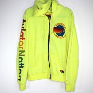Aviator Nation Mens Small Neon Yellow Spell Out Full Zip Hoodie K669